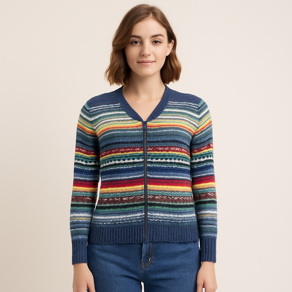 Vintage Y2K Tiara International Fair Isle Zip Cardigan Small Multicolor Boho